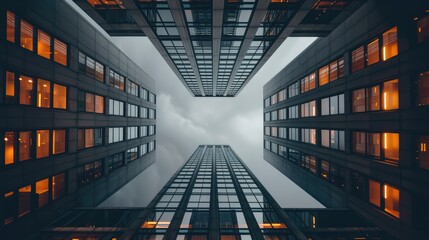 Symmetrical Skyscrapers Reaching Toward a Cloudy Sky
