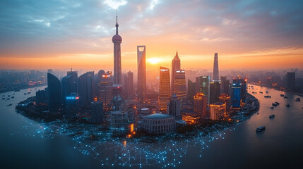 Naklejka premium Sunset over Shanghai skyline with vibrant buildings and waterway reflections