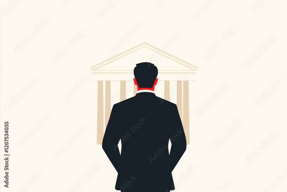 Poster a man in a suit stands in front of a building with a red stripe on it