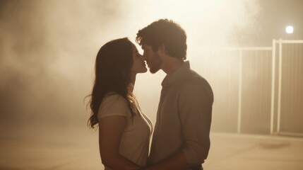 Silhouetted couple kissing passionately at night, embracing in foggy urban setting.