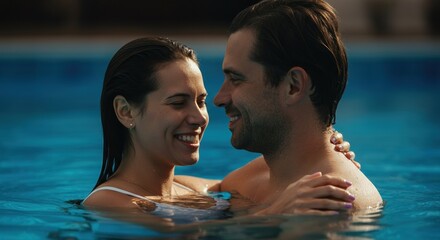Happy couple enjoying a romantic moment together in a swimming pool