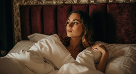 Obraz premium Woman relaxing in bed, wrapped in soft blankets, reflecting on her thoughts