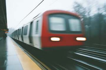Fototapeta premium A red train is moving down the tracks