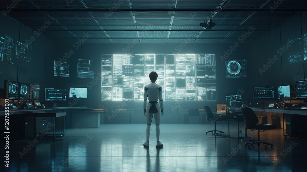 Poster humanoid robot stands in futuristic control room, observing data screens. atmosphere is filled with 