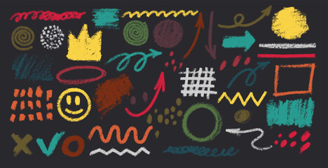 Kids vector color paint square, arrow, spiral element shape scribble line brush hand drawn sketch design. Set of arrow brush line stroke color. Grunge template chalk, crayon pencil style illustration.