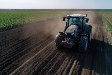 Obraz premium A sturdy tractor plows through a vast field, powered by modern technology, symbolizing the advancements in agriculture and the hard work that sustains our food systems.