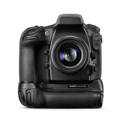 Large professional DSLR photo camera with battery pack isolated. Front view. Transparent PNG image.