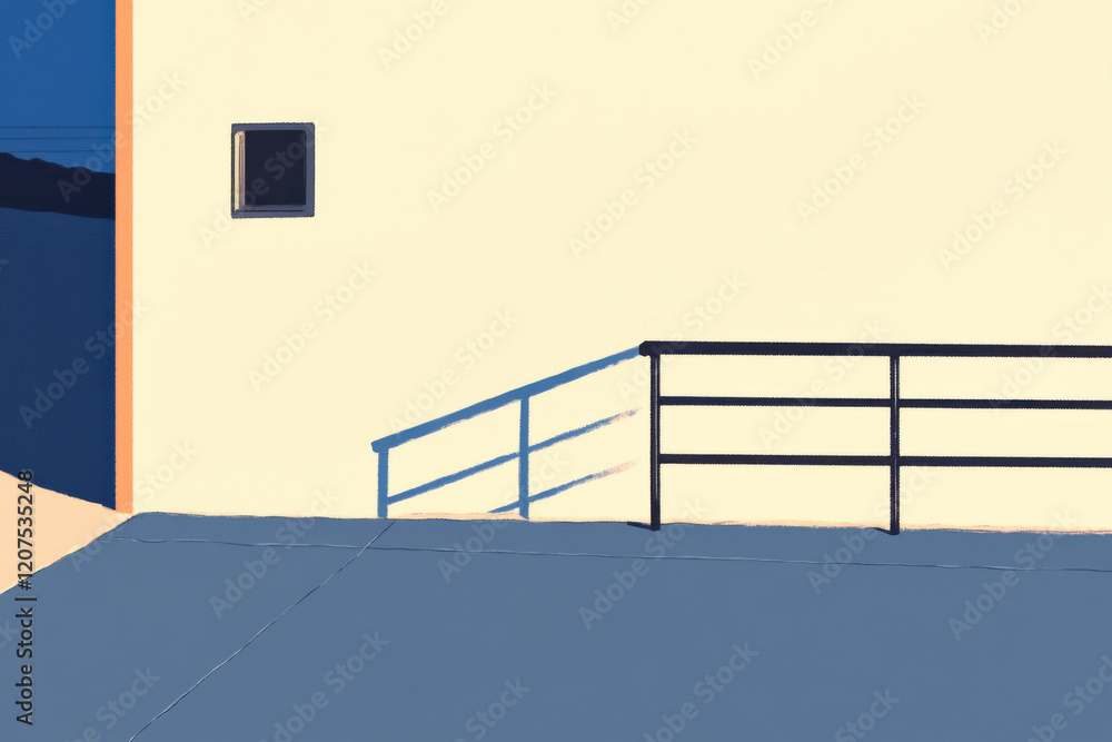 Poster a window on a building with a railing in front of it
