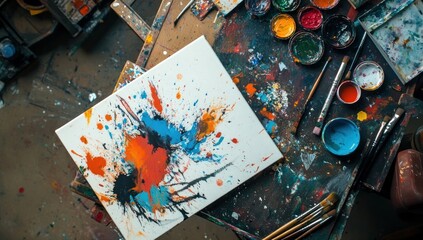 Abstract Splatter Painting on Messy Artist's Table