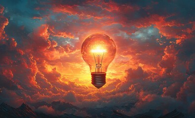 In a surreal setting, towering, otherworldly mountains rise above a winding river, enveloped by the warm, dramatic sunset