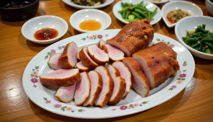 Crispy Peking duck slices on decorative platter with condiments, culinary art