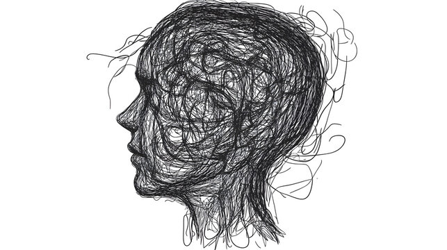complicated abstract mind illustration. empty head with messy line inside. tangled scribble doodle vector path design