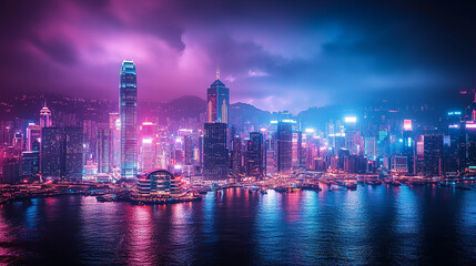 Fototapeta premium Vibrant skyline of Hong Kong illuminated at night reflecting on the water