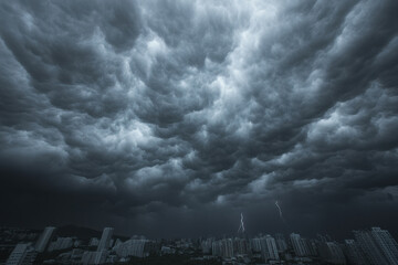 A stormy sky with clouds and lightning strikes