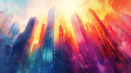 City skyline at sunset with vibrant colors illuminating skyscrapers and clouds
