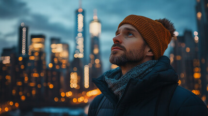 Man gazing at the skyline of a city at dusk while wearing a cozy hat and scarf