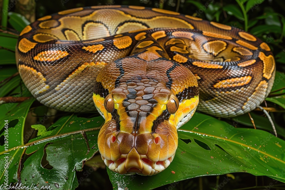 Poster a vibrant ball python resting on green leaves, showcasing its distinct patterns and colors in a lush