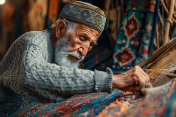 Elderly artisan skillfully weaving a colorful carpet in a vibrant market.
