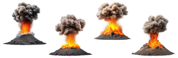 Volcanic eruptions with smoke clouds and flowing lava, isolated on transparent background