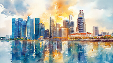 Naklejka premium Beautiful skyline of Singapore reflected in calm waters during sunset