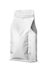 Coffee pouch bag with one way degassing valve and pull tab zipper isolated. Transparent PNG image.