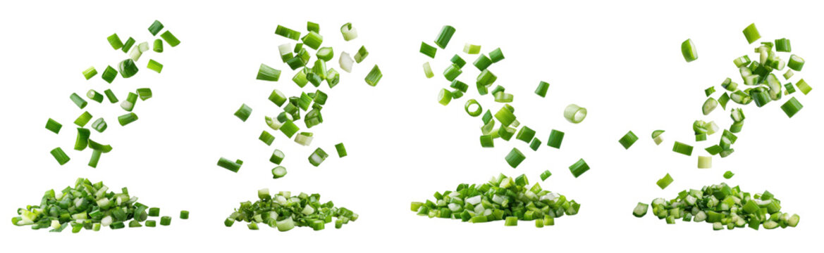 Piles of finely chopped scallions in floating compositions, isolated on transparent background