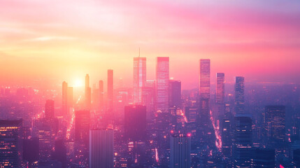 Vibrant sunset casts colors over a city skyline with tall buildings and urban landscape