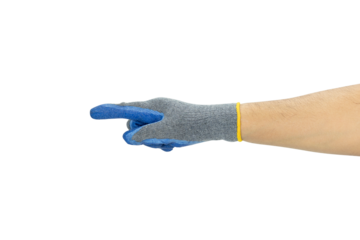 Blue and gray glove showing pointing finger sign symbolic isolated on white background with clipping path.