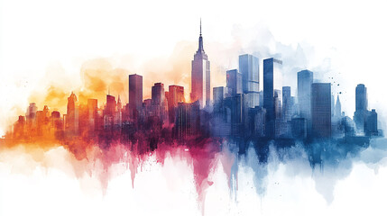 Vibrant skyline silhouette showcasing urban architecture with colorful watercolor effects