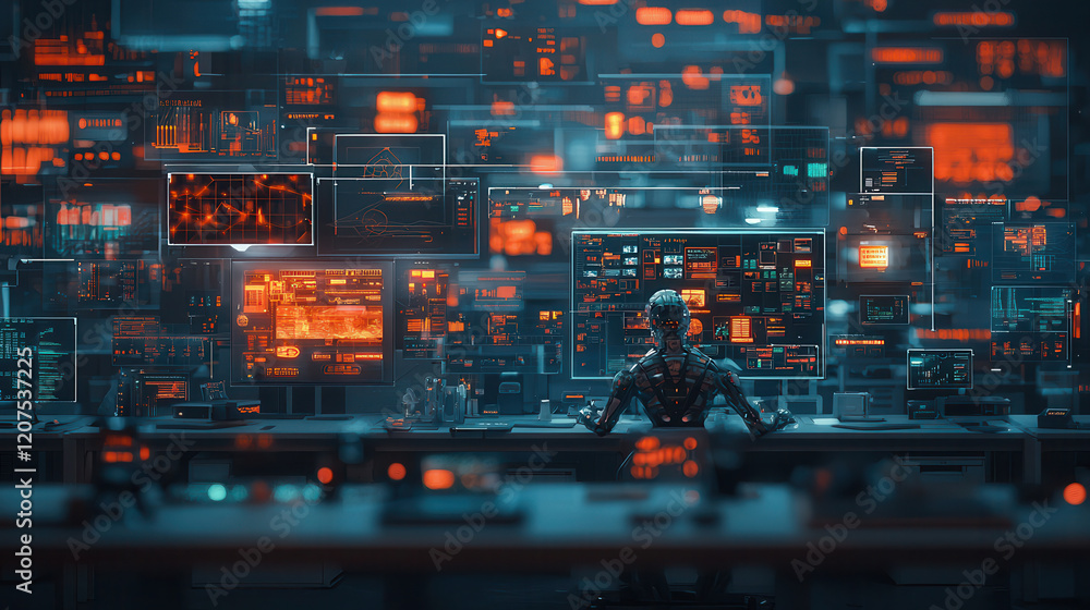 Poster cybernetic figure in sci fi workspace surrounded by glowing screens, showcasing advanced technology 
