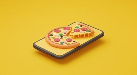 Online Pizza Ordering: 3D Render of a Delicious Pizza on a Smartphone Screen Against a Yellow Background, Concept for Food Delivery Apps and Online Food Services.