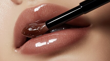 Obraz premium A close-up of glossy lipstick being applied with precision on lips