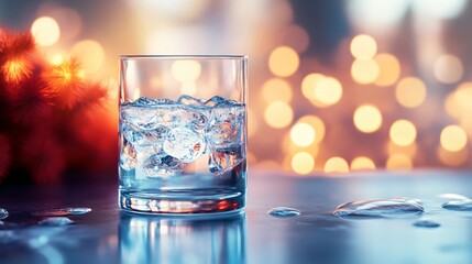 Refreshing Beverage with Ice in a Glass Against a Festive Bokeh Background