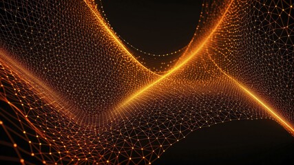 Digital CGI artwork featuring glowing orange network patterns against a dark background, creating depth.