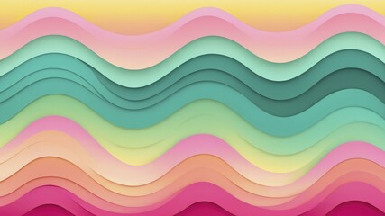 Digital illustration of overlapping pastel waves in shades of pink, green, yellow, and peach, creating softness.