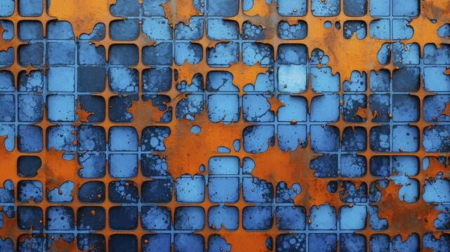Photograph of rusted metal with a grid-like pattern of blue tiles and orange rust patches, capturing texture.
