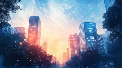 Fototapeta premium City skyline at sunset with glowing lights and dramatic clouds above urban buildings