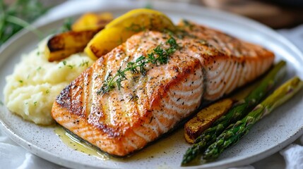 Highquality food photography of salmon dinner on linen cloth