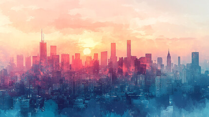 Fototapeta premium Vibrant urban sunset over a skyline with hues of pink and orange