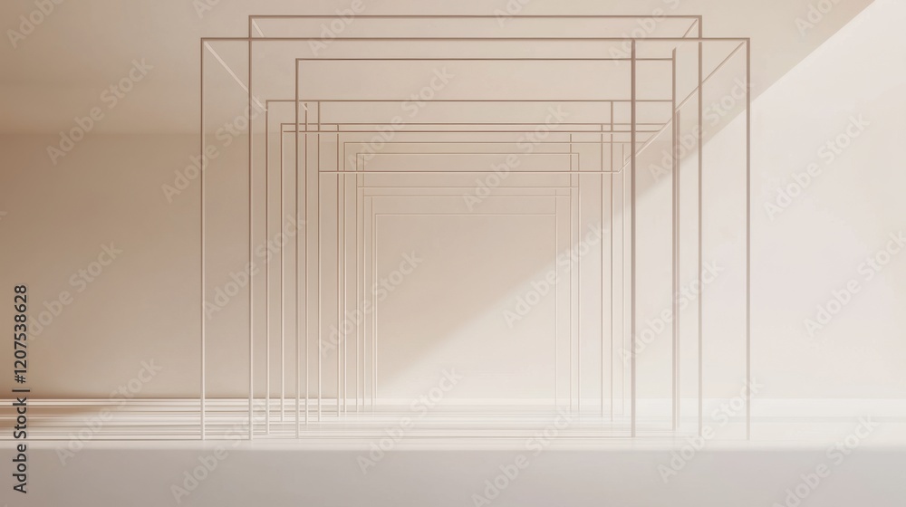 Poster minimalist geometric shapes create an illusion of depth and space in a bright interior setting