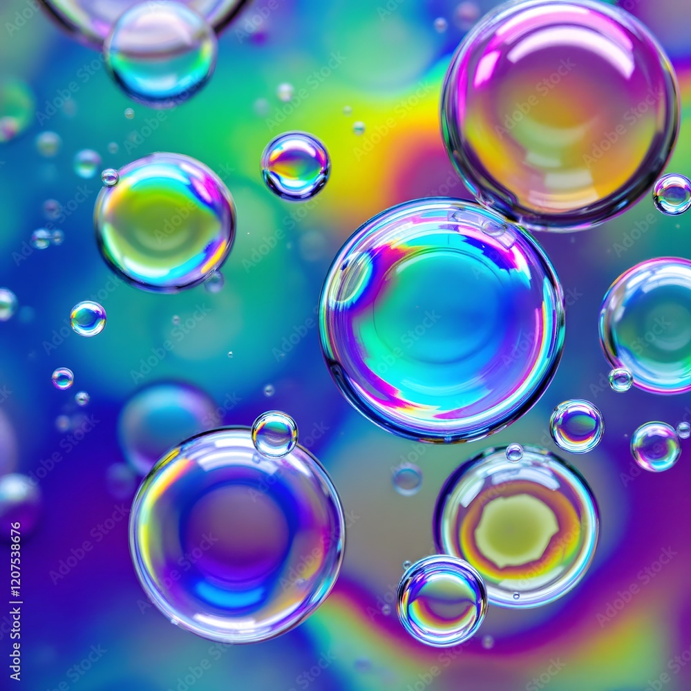 Poster iridescent liquid bubbles floating on colorful gradient abstract background