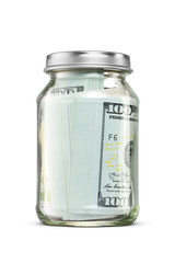 Hundred US dollars cash bundle in glass jar isolated. Transparent PNG image.