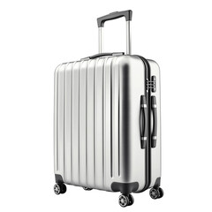 A silver suitcase with wheels and a black handle. Transparent Png. Generative Ai.