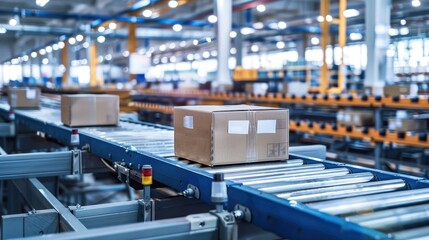 Naklejka premium Automated Packaging Conveyor System in a Modern Warehouse