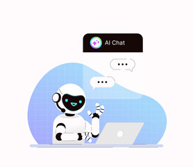 A robot at a computer communicates in a chat. Artificial intelligence - an assistant in business and customer service. Vector business concept. Flat cartoon art.