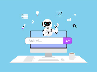 Ask Ai vector illustration. Computer on the desktop. Friendly artificial intelligence robot ready to help.