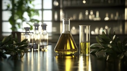 Organic olive oil chemistry: laboratory glassware with natural greenery setting