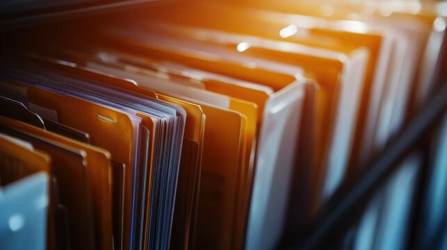 Organized file folders illuminated by warm light in a modern office setting showcasing efficient document management - Powered by Adobe