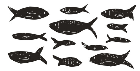 Fish set. Sardines school collection. Salmon silhouettes linocut style. Undersea animals. Vector hand drawn linocut collage elements illustration isolated on white background. © Syuzann q