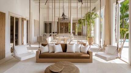 A beautifully furnished living room with a brown sofa, white chairs, and elegant hanging swings, creating a harmonious space.
